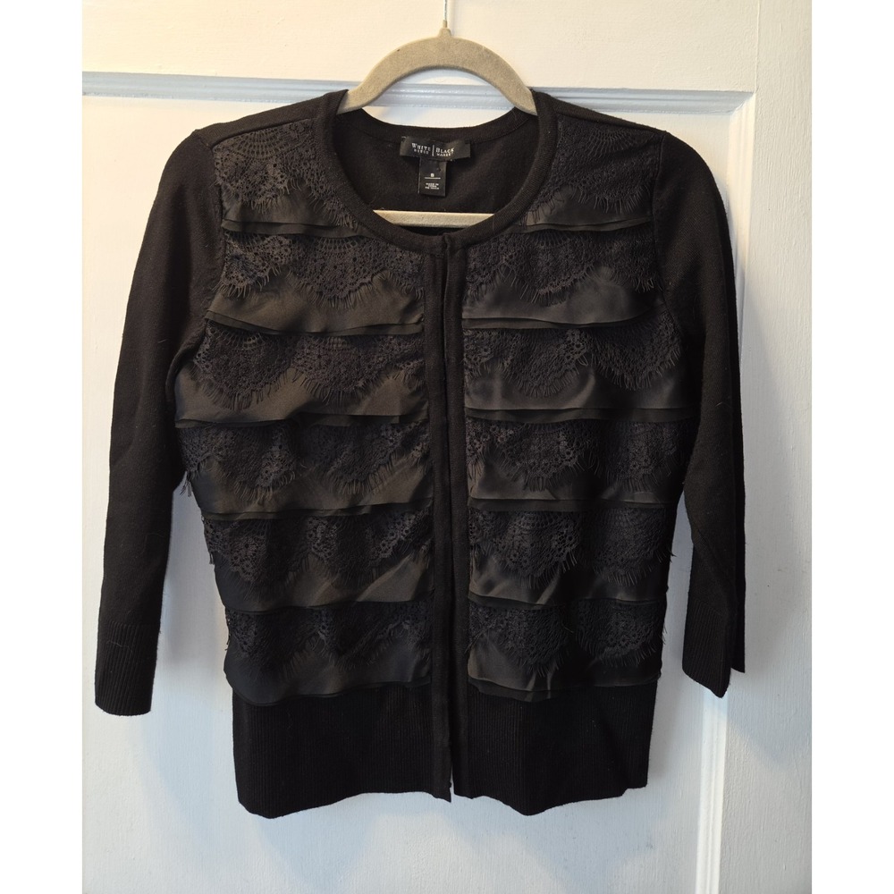 White House Black Market Silk And Lace Fringe Cardigan Sweater. Black. S